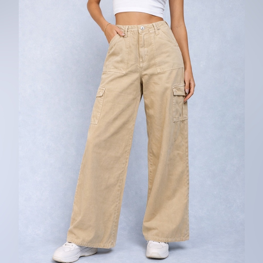 Princess Polly Wide Leg Cargo Jeans Tan high rise Streetwear Size 4 Gorpcore
